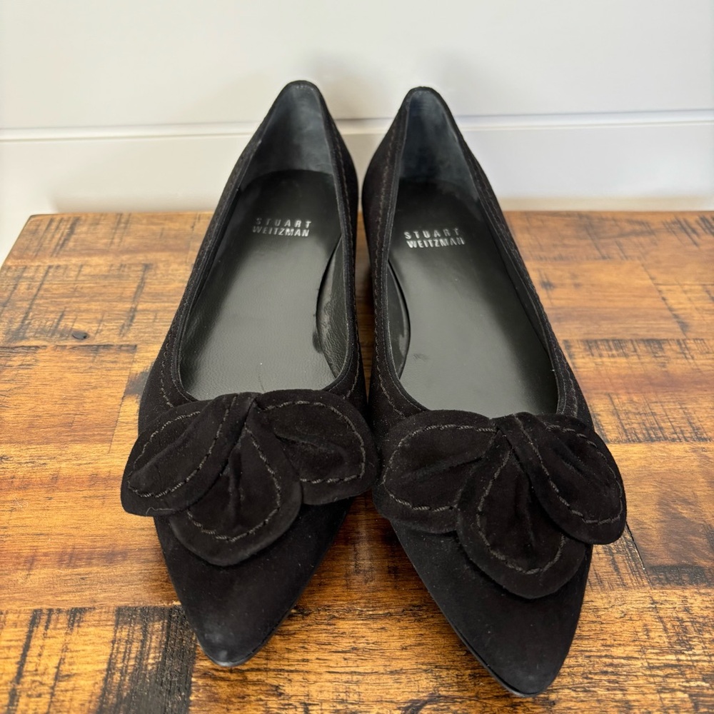 Stuart Weitzman Black Suede Point Toe Flats with Bow Detail Size 6
